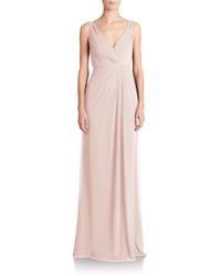 Monique Lhuillier Bridesmaids | Pink Pleated Chiffon V-neck Gown | Lyst