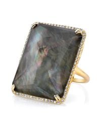 Anne Sisteron - Gray 14kt Yellow Gold Black Mother Of Pearl Rectangle Diamond Cocktail Ring - Lyst