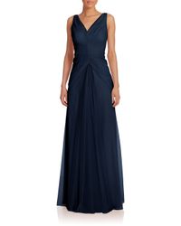 Monique Lhuillier Bridesmaids | Blue Pleated Tulle V-neck Gown | Lyst