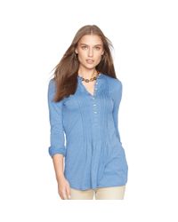 Ralph Lauren | Blue Pintucked Cotton Top | Lyst