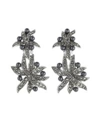 Oscar de la Renta | Metallic Black Diamond Flower Pearl Drop Earrings | Lyst