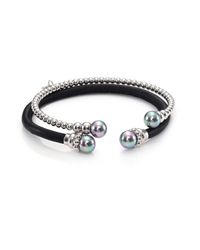 Majorica | Metallic 8mm Grey Round Pearl & Leather Cuff Bracelet Set | Lyst