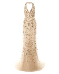 Marchesa | Metallic Embroidered Floral Halter Neck Gown | Lyst