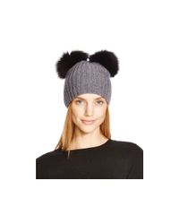 Helene Berman | Gray Beanie With Fox Fur Pom-poms | Lyst