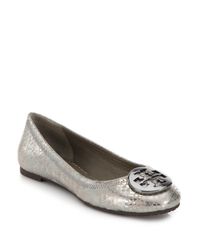 Tory Burch | Silver Reva Metallic-printed Leather Ballet Flats | Lyst