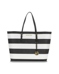 Michael Kors | Black Medium Jet Set Travel Striped Tote | Lyst