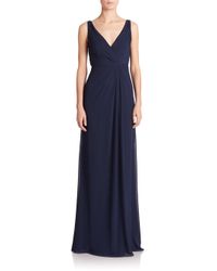 Monique Lhuillier Bridesmaids | Blue Pleated Chiffon V-neck Gown | Lyst