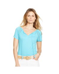 Ralph Lauren | Blue Crochet-paneled Cotton Tee | Lyst