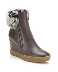 Aquatalia | Brown Caroline Leather & Faux Fur Wedge Booties | Lyst
