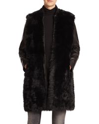 VINCE | Black Long Leather & Fur Coat | Lyst