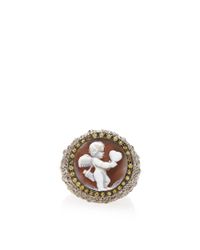 Amedeo | Brown Hand Carved Sardonyx Shell Cameo Ring Set in Black Rhodium Plated Silver with Yellow Sapphires | Lyst