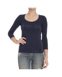 Patrizia Pepe | Blue T-shirt Long Sleeves Round Neck Logo Strass | Lyst