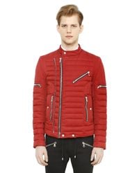 Balmain | Red Quilted Cotton Canvas Moto Down Jacket | Lyst