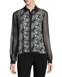 Oscar de la Renta | Black Lace-front Chiffon Blouse | Lyst
