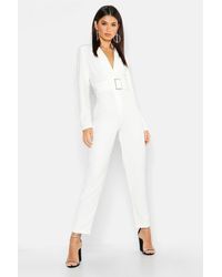 Boohoo Womens Woven Blazer Diamante Buckle Belted Jumpsuit - White - 10