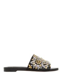 Rochas | Black Satin and Leather Rhinestone Sliders | Lyst