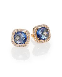 KALAN by Suzanne Kalan | English Blue Topaz, White Sapphire & 14K Yellow Gold Cushion Stud Earrings | Lyst
