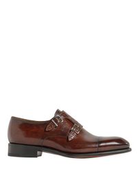 Santoni | Brown Brushed Leather & Croc Monk Strap Shoes for Men | Lyst