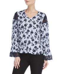 Antilia Femme Blue Floral Lace Trim Top