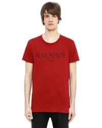 Balmain | Red Logo Printed Cotton T-shirt for Men | Lyst