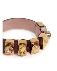 Alexander McQueen | Red Skull And Crystal Metal Loop Leather Bracelet | Lyst