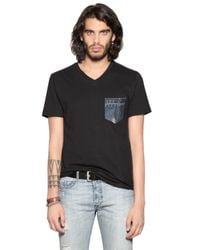 DIESEL | Black Cotton Jersey T-shirt W/ Denim Pocket for Men | Lyst