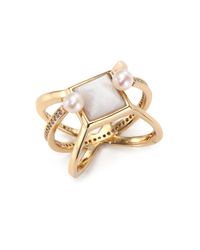 Eddie Borgo | Metallic White Lace Agate, 4.5mm White Pearl & Crystal Orbit Ring | Lyst