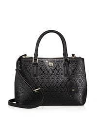 Tory Burch | Black Robinson Laser-cut Saffiano Leather Double-zip Satchel | Lyst