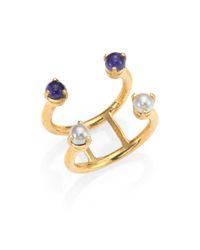 Aesa | Metallic Invisible Cities 4Mm White Freshwater Pearl & Iolite Double Wave Ring | Lyst