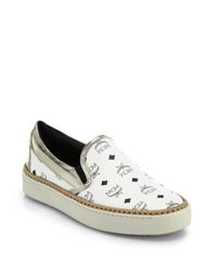 MCM | White Visetos Logo-print Leather Slip-on Sneakers | Lyst