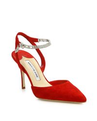 Manolo Blahnik | Red Ministra Suede & Swarovski Crystal Pumps | Lyst