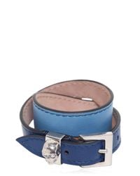 Alexander McQueen | Blue Leather Double Wrap Bracelet With Skull | Lyst