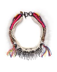 Venna | Multicolor Fur Trim Crystal And Threadwork Necklace | Lyst