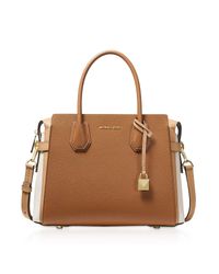 Michael Kors Mercer Medium Tri-color Pebbled Leather Belted Satchel Bag ...