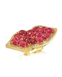 Bernard Delettrez | Metallic Big Mouth W/cabochon Rubies Gold Ring | Lyst