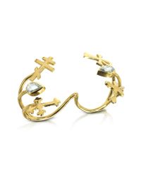 Bernard Delettrez - Metallic Gold With Green Sapphires Double Ring With Crosses - Lyst