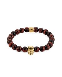 Northskull - Red Tiger Eye & Perforated Gold Skull Charm Bracelet - Lyst