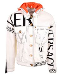 Versace White Logo Print Hooded Denim Jacket