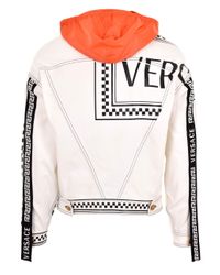Versace White Logo Print Hooded Denim Jacket