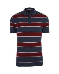 River Island Blue Navy And Red Stripe Slim Fit Polo Shirt for men