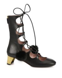 Gucci | Pink Lace-Up Fur Pom-Pom Leather Boots | Lyst