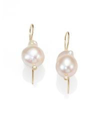 Mizuki | White 9mm-11mm Baroque Freshwater Pearl, Diamond & 14k Yellow Gold Earrings | Lyst