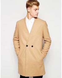 ASOS | Collarless Double Breasted Overcoat In Camel | Lyst