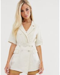 Pull&Bear Linnen Blazer Met Korte Mouwen In Beige - Blauw