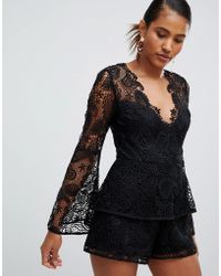 ASOS Lace Romper With Ruffle Tiers And Fluted Sleeve - Black