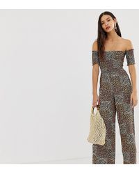 Stradivarius Shirred Bardot Floral Jumpsuit In Multi - Multicolour