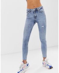 Bershka Skinny 5 Pocket Distressed Jean In Mid Blue