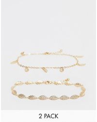 ASOS Pack Of 2 Anklets With Feather Pendants In Gold Tone - Metallic