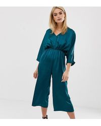 Missguided Culotte Satin Ruched Waist Jumpsuit In Teal - Green