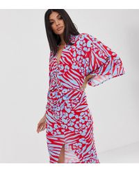 Flounce London Kimono Wrap Front Midi Dress In Red Animal